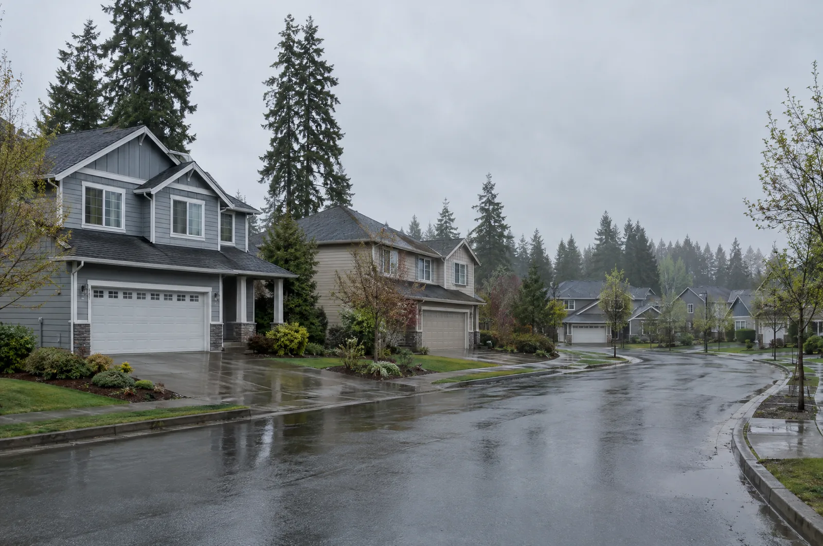 Newer two-story suburban homes on a curving street in Lacey, Washington on an overcast day