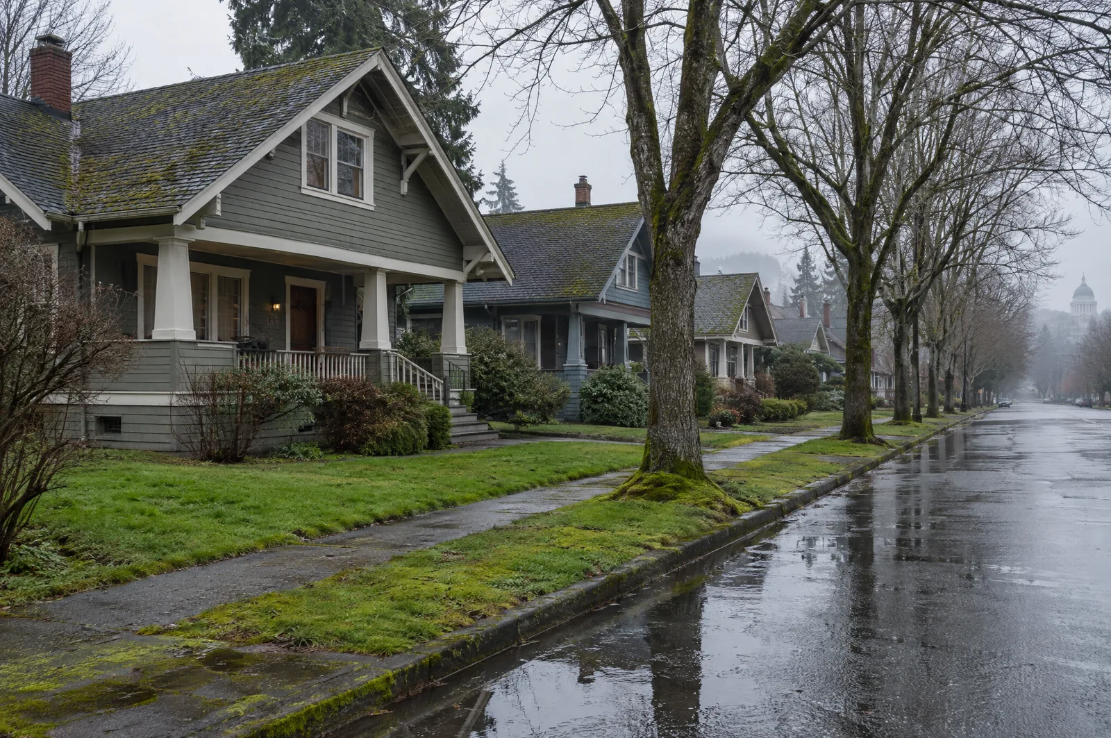 Older craftsman and bungalow homes on a residential street in Olympia, Washington on a wet overcast winter day