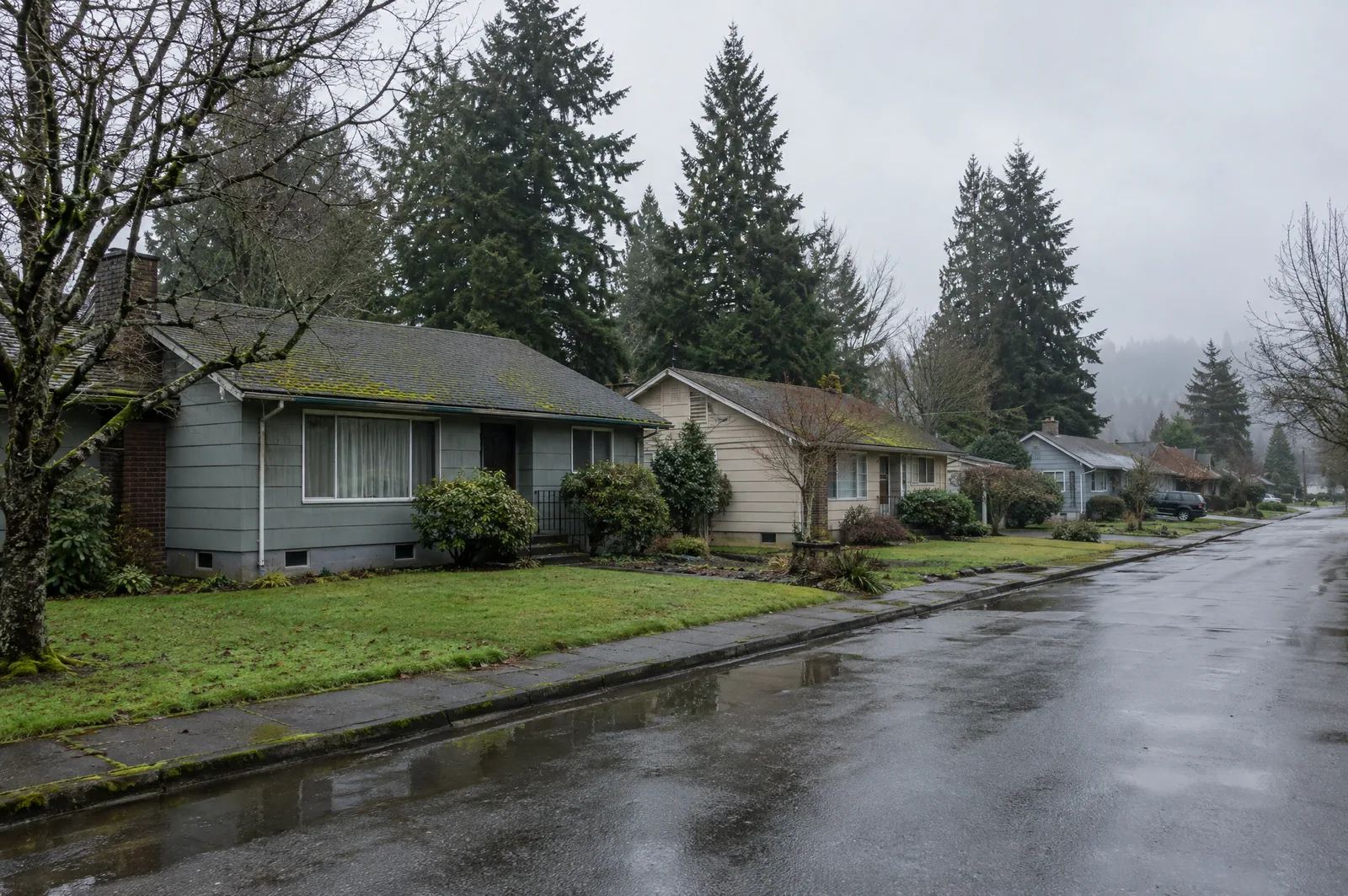 Residential street of 1970s-90s homes on crawlspace foundations in Tumwater, Washington on a wet overcast winter day